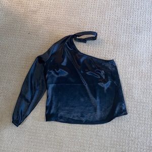 Silk one shoulder black top with attached choker.